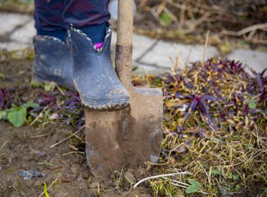 A foot in a rubber boot and a shovel on the field.