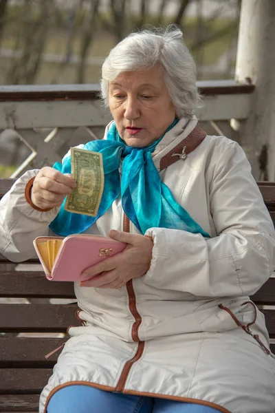 Sad Pensioner Years Sits Park Bench Counts Money Her Wallet — Stock Photo, Image