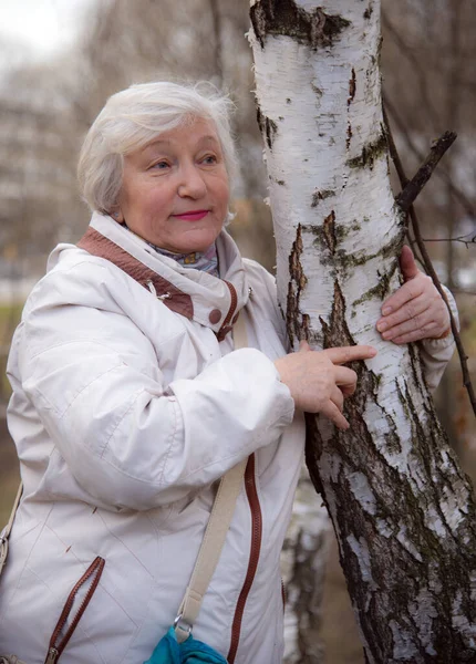 一个美丽的灰白头发的老年妇女靠近桦树 健康长寿 — 图库照片