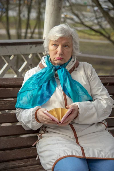 一位悲伤而优雅的老妇人坐在公园的长椅上 手里拿着一个空钱包 脸上带着困惑的表情 — 图库照片
