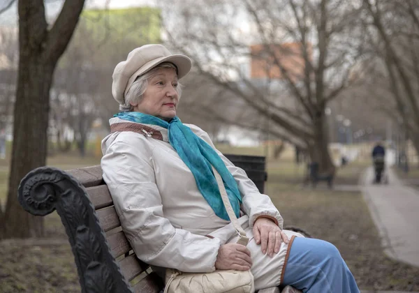Elegantly Dressed Old Woman Sitting Bench Alley Park Active Longevity — Stock Photo, Image