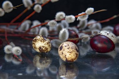 Söğüt dallarının ve renkli yumurtaların Paskalya kompozisyonu cam yüzeye yansıyor. Paskalya kartı.