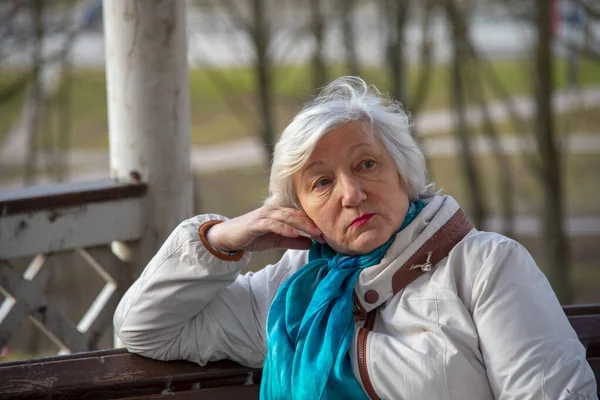 坐在公园里的一位白发苍苍 衣着优雅的老妇人的横向画像 — 图库照片