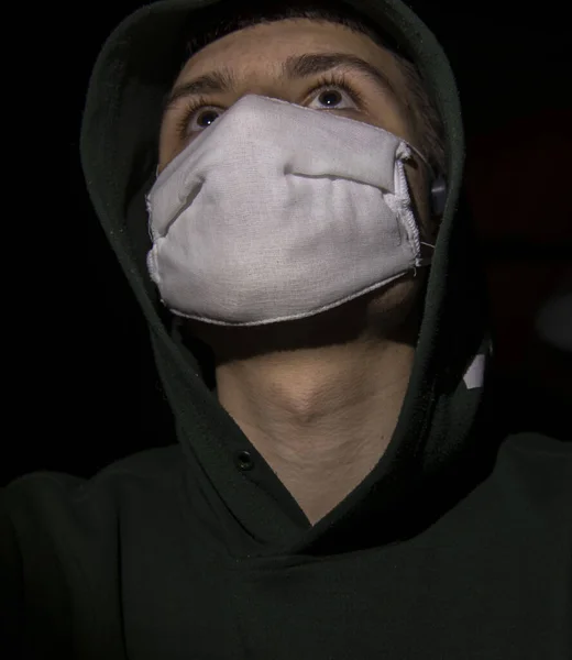 Large Portrait Adolescent Boy Medical Mask Hood Dark Background Epidemic — Stock Photo, Image