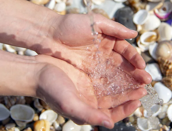 Mains Homme Sous Ruisseau Eau Sur Fond Pierres Mer Coquillages — Photo