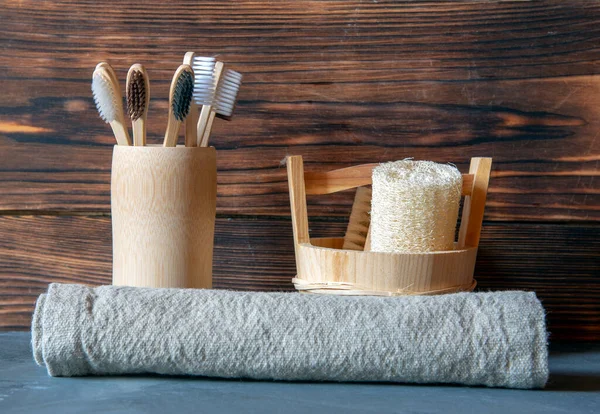 Various Accessories Bathroom Natural Bamboo Toothbrushes Bamboo Cup Basket Washcloth — Stock Photo, Image