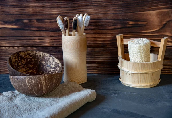 Various accessories for the bathroom on a gray countertop. — Stock Photo, Image