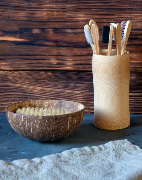 Various accessories for the bathroom on a gray countertop. — Stock Photo, Image