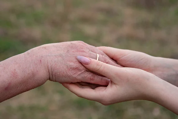 在大自然的背景下 一个老妇人的手被她的孙女握住了 — 图库照片