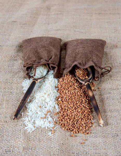 Two Brown Canvas Bags Rice Buckwheat Gray Linen Cloth — Stock Photo, Image
