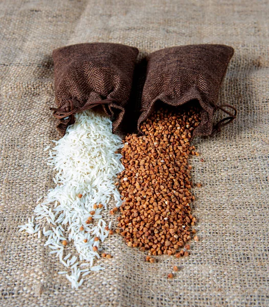 Two Brown Canvas Bags Rice Buckwheat Gray Linen Cloth — Stock Photo, Image