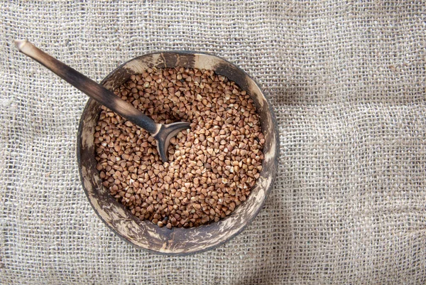 Coconut Bowl Raw Buckwheat Linen Cloth Healthy Food Environmentally Friendly — Stock Photo, Image