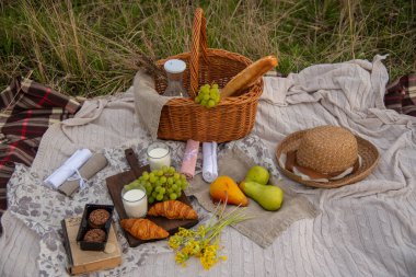  İçinde süt, ekmek, meyve, şapka ve battaniye olan bir hasır sepet. 