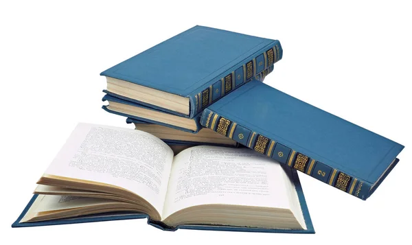 Pilha de livros antigos azuis isolados no fundo branco — Fotografia de Stock