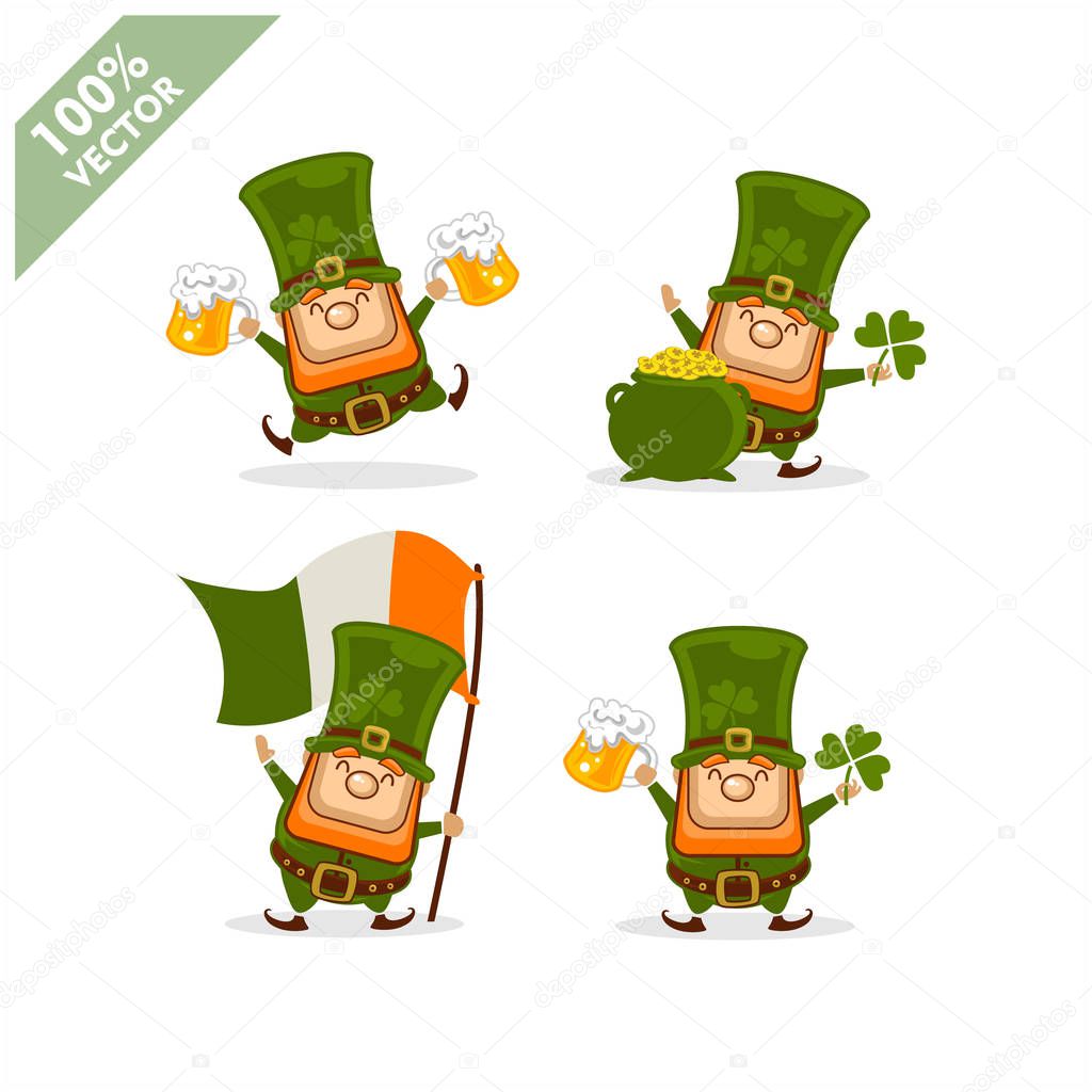 Saint Patrick's Day. Funny Leprechaun with four different poses activity. Vector illustration cartoon isolated silhouette