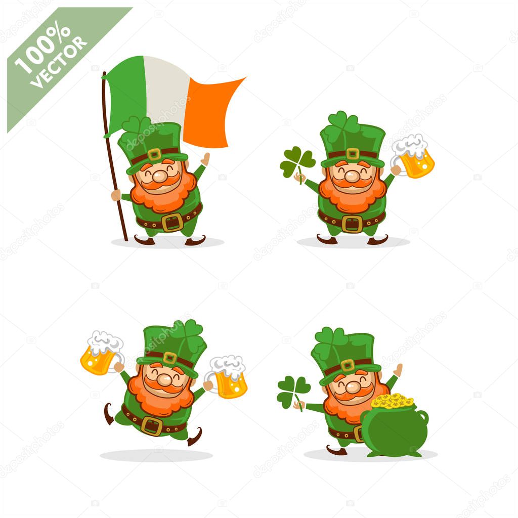 Saint Patrick's Day. Funny Leprechaun with four different poses activity. Vector illustration cartoon isolated silhouette