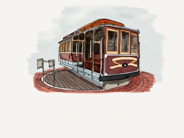 Teleferik San Francisco, bir şehrin konumlar. Kaliforniya ABD. Amerika. Ünlü yerler. El çizimi. Kroki.