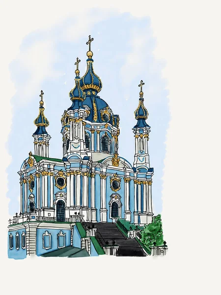 Igreja Santo André Kiev Ukraine Hand Drawing Sketch — Fotografia de Stock