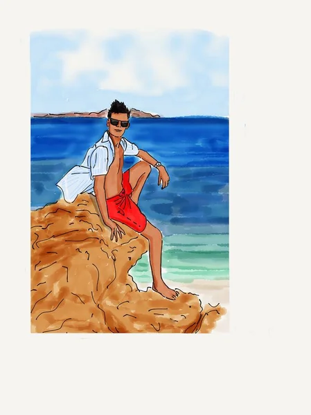 A  young man near the sea. Drawing. Sketch