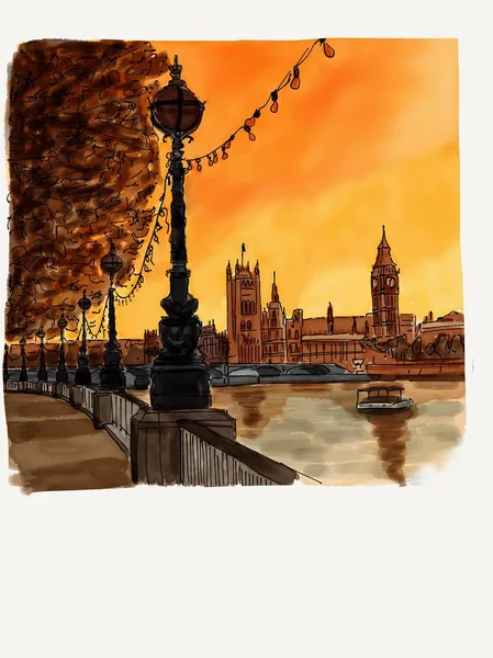 Londyn Jest Spacer Wzdłuż Nabrzeża Thames Rysunek — Zdjęcie stockowe