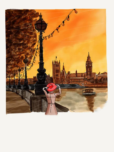 Londyn Jest Spacer Wzdłuż Nabrzeża Thames Rysowania Ręcznego Szkic — Zdjęcie stockowe