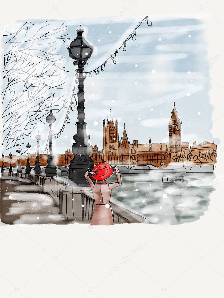London. Winter. Thames. Drawing