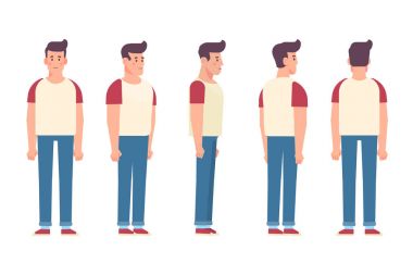 Animasyon için genç adam. Ön, yan, geri, 3/4 görünüm karakter. Vücudun farklı bölgelerinde. Karikatür tarzı, düz vektör çizim.