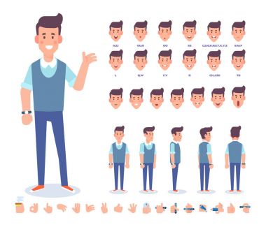 Animasyon için genç adam. Ön, yan, geri, 3/4 görünüm karakter. Vücudun farklı bölgelerinde. Karikatür tarzı, düz vektör çizim.