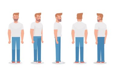 Animasyon için genç adam. Ön, yan, geri, 3/4 görünüm karakter. Vücudun farklı bölgelerinde. Karikatür tarzı, düz vektör çizim.