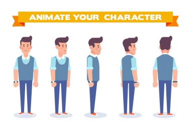 Animasyon için genç adam. Ön, yan, geri, 3/4 görünüm karakter. Vücudun farklı bölgelerinde. Karikatür tarzı, düz vektör çizim.