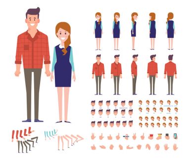 Front, side, back, 3/4 view animated character. Young man and woman characters constructor with various views, face emotions, lip sync, poses and gestures. Cartoon style, flat vector illustration. clipart