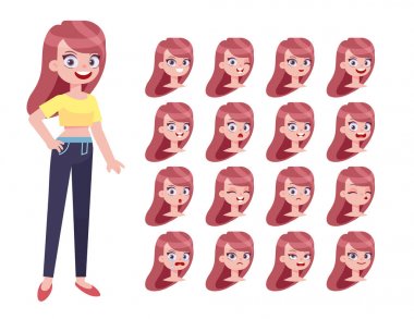 Kadının yüzü duygular kümesi. 3/4 vücut karakteri, ayrı bölümlerini görüntülemek. Yüz ifadesi. Karikatür tarzı, düz vektör çizim.