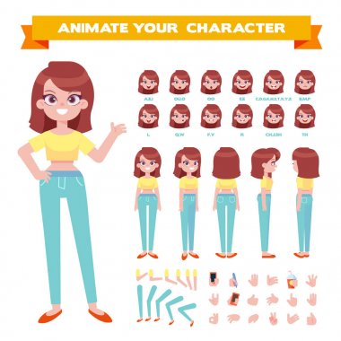 Front, side, back, 3/4 view animated character. Young woman character constructor with various views, face emotions, poses and gestures. Cartoon style, flat vector illustration. clipart