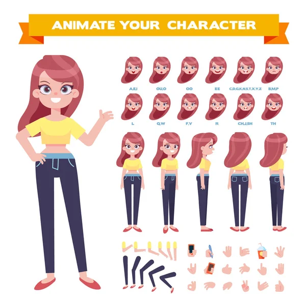 Front Side Back View Animated Character Young Woman Character Constructor — Stock Vector