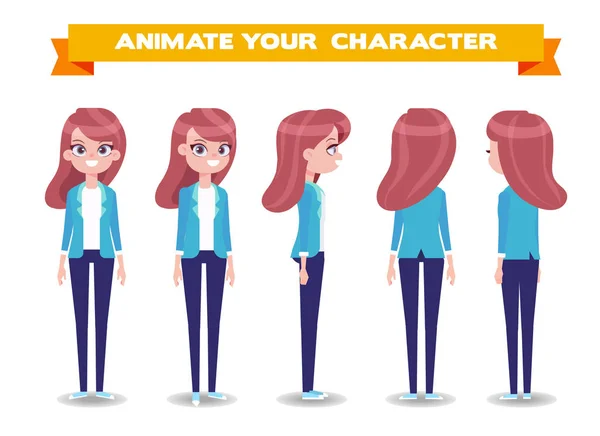 Mladá Dívka Pro Animaci Přední Boční Zadní Pohled Oddělené Části — Stockový vektor