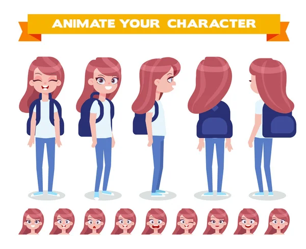Front Sida Rygg Visa Animerade Karaktär Tonåring Flicka Karaktär Konstruktor — Stock vektor