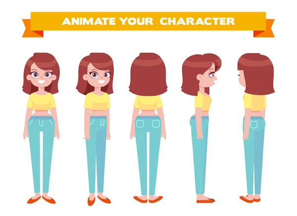 Jeune Femme Pour Animation Avant Côté Arrière Vue Séparer Les — Image vectorielle