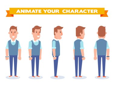 Animasyon için genç adam. Ön, yan, geri, 3/4 görünüm karakter. Vücudun farklı bölgelerinde. Karikatür tarzı, düz vektör çizim.