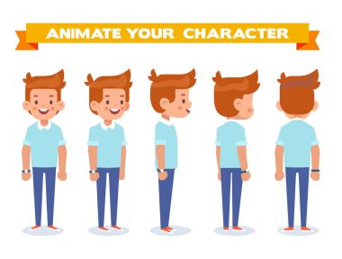 Animasyon için genç adam. Ön, yan, geri, 3/4 görünüm karakter. Vücudun farklı bölgelerinde. Karikatür tarzı, düz vektör çizim.