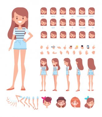 Ön, yan, geri, 3/4 görünüm animasyon karakter. Genç kadın karakter Oluşturucu çeşitli görünümler, yüz duygular, pozlar ve hareketleri ile. Karikatür tarzı, düz vektör çizim.