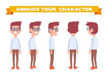 Animasyon için genç adam. Ön, yan, geri, 3/4 görünüm karakter. Vücudun farklı bölgelerinde. Karikatür tarzı, düz vektör çizim.