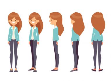 Animasyon için güzel bir kız. Ön, yan, geri, 3/4 görünüm karakter. Vücudun farklı bölgelerinde. Karikatür tarzı, düz vektör çizim.