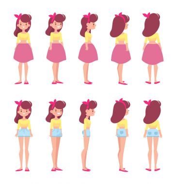 Animasyon için güzel bir kız. Ön, yan, geri, 3/4 görünüm karakter. Vücudun farklı bölgelerinde. Karikatür tarzı, düz vektör çizim.