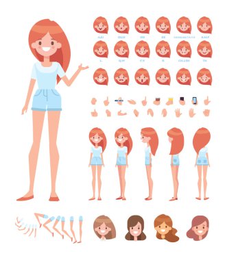 Ön, yan, geri, 3/4 görünüm animasyon karakter. Genç kız karakter Oluşturucu çeşitli görünümler, yüz duygular, dudak senkronizasyon, pozlar ve hareketleri ile. Karikatür tarzı, düz vektör çizim.