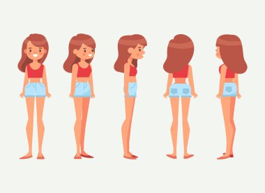 Animasyon için güzel bir kız. Ön, yan, geri, 3/4 görünüm karakter. Vücudun farklı bölgelerinde. Karikatür tarzı, düz vektör çizim.