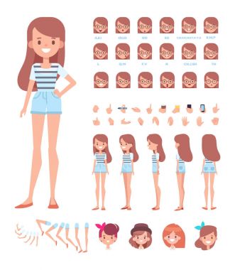 Ön, yan, geri, 3/4 görünüm animasyon karakter. Genç kız karakter Oluşturucu çeşitli görünümler, yüz duygular, dudak senkronizasyon, pozlar ve hareketleri ile. Karikatür tarzı, düz vektör çizim.