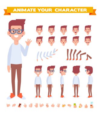 Geek adam karakteri, sahneleri. Çeşitli görünümler, yüz duygular, pozlar ve hareketleri ile grubu karakter oluşturma. Tasarım çalışmaları ve animasyon için vücut parçaları.