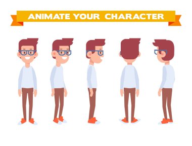 Animasyon için genç adam. Ön, yan, geri, 3/4 görünüm karakter. Vücudun farklı bölgelerinde. Karikatür tarzı, düz vektör çizim.