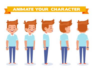 Animasyon için genç adam. Ön, yan, geri, 3/4 görünüm karakter. Vücudun farklı bölgelerinde. Karikatür tarzı, düz vektör çizim.