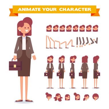 Animasyon için iş kadını. Ön, yan, geri, 3/4 görünüm karakter. Vücudun farklı bölgelerinde. Karikatür tarzı, düz vektör çizim.